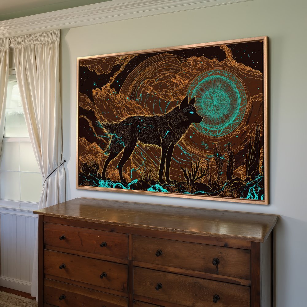Framed Wall Art: Mystical wolf art print in teal and gold. Unique, stylish canvas print for your home decor.