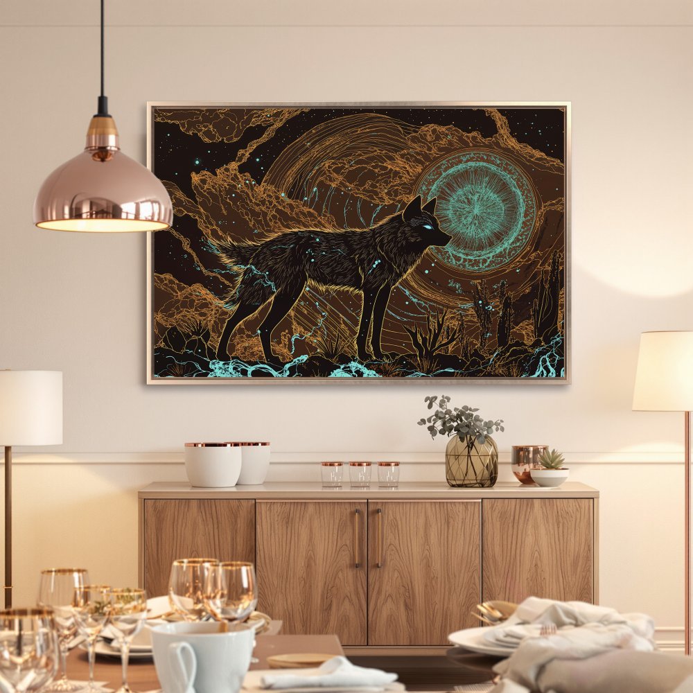 Framed Wall Art: Mystical wolf art print in warm brown and teal tones. Modern, stylish wall decor for your home. Shop now!