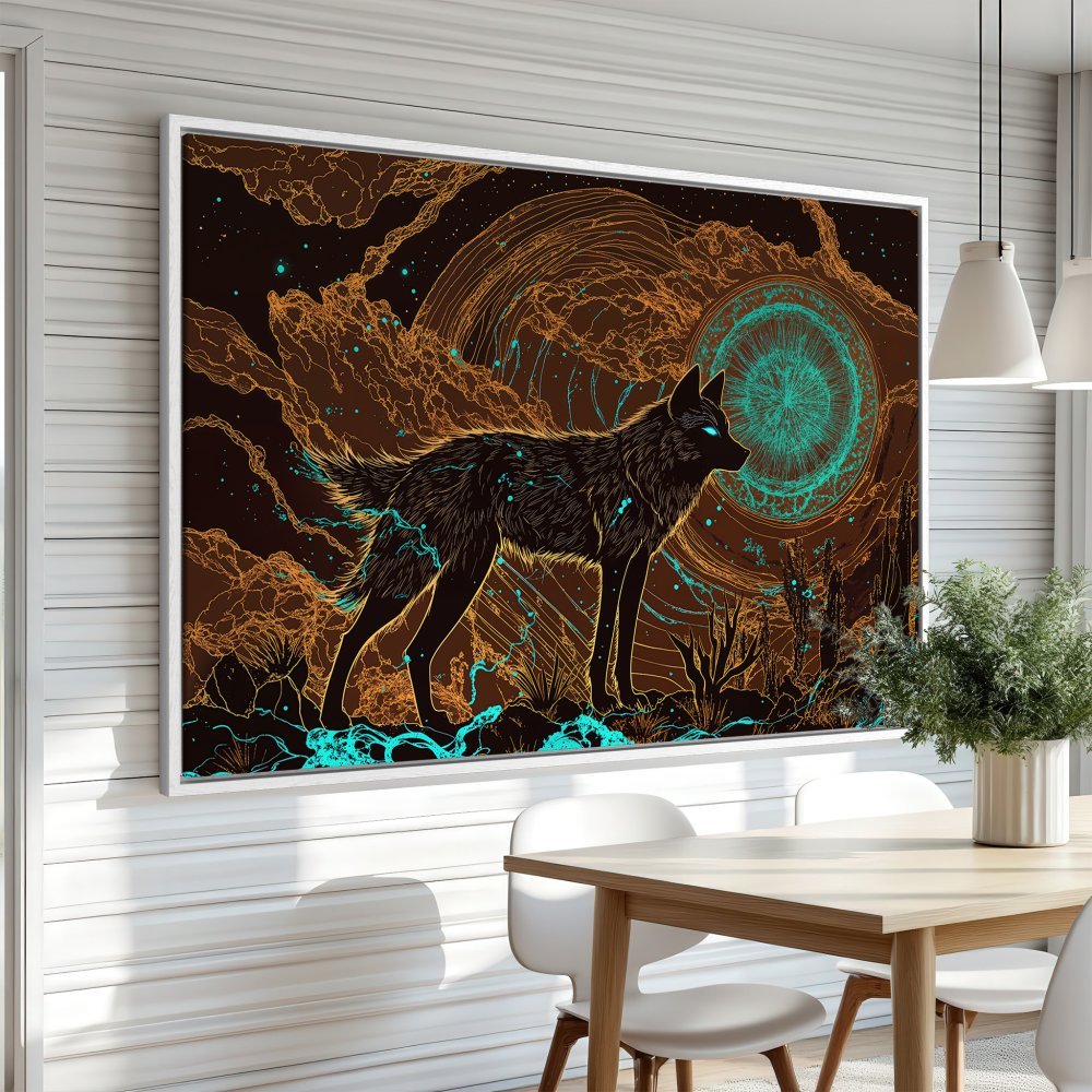 Framed Wall Art: Mystical wolf art print in a modern interior. Featuring a vibrant brown, teal, and gold color palette. Perfect for adding a touch of magic!