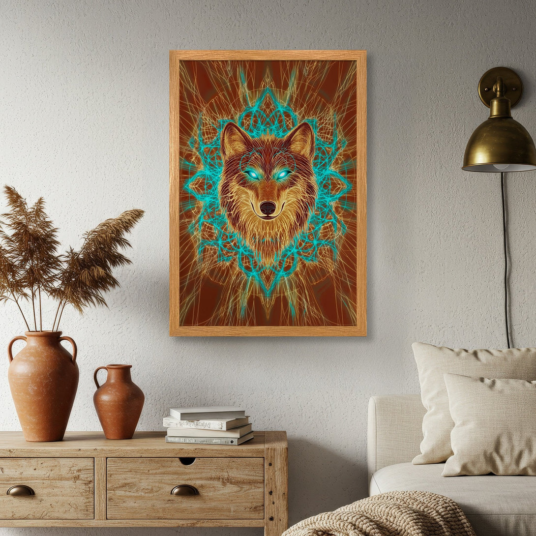 Framed Poster featuring a wolf illustration in a modern, geometric style. Earthy brown and teal color palette. Perfect wall art!