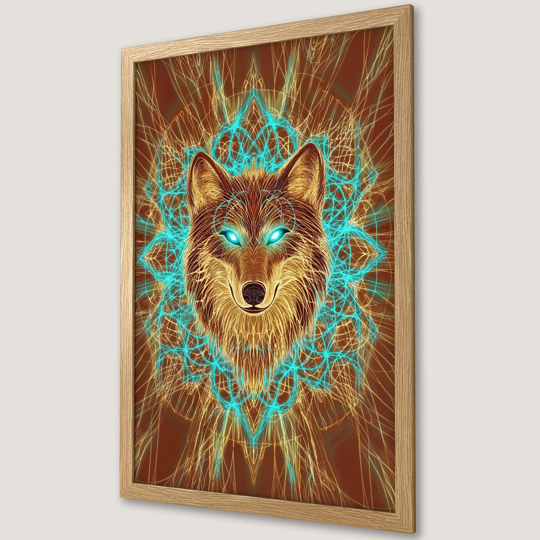 Framed Poster featuring a wolf illustration in a vibrant, modern style. Earthy brown, gold, and teal color palette. Perfect wall art!