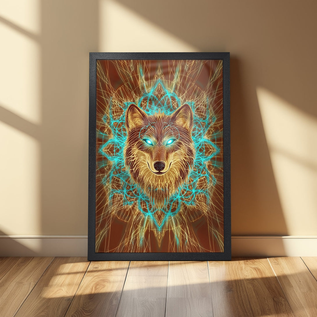 Framed Poster featuring a wolf with glowing eyes, in a geometric style, with a brown, teal, and gold color palette. Add this art to your space!