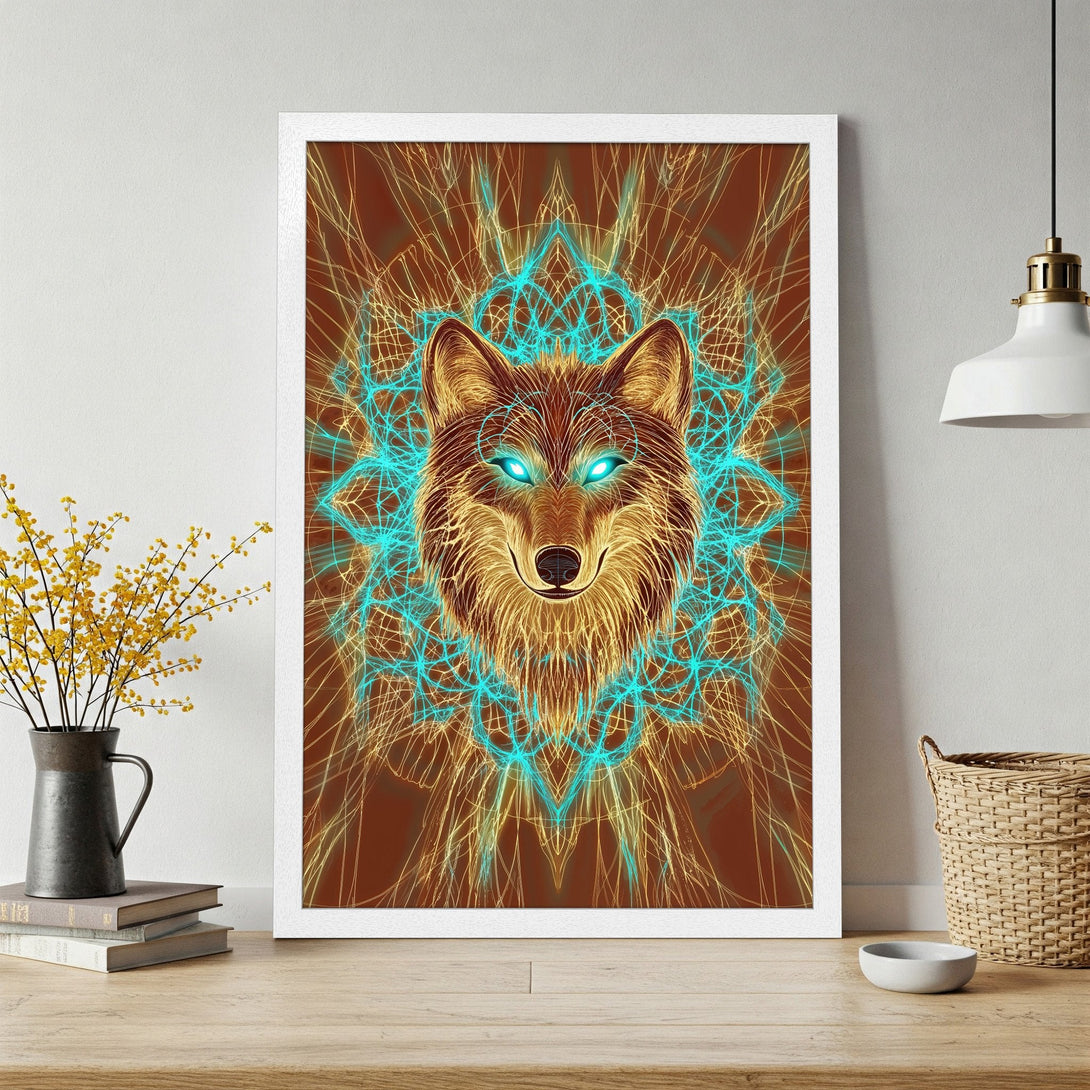 Framed Poster featuring a wolf with glowing eyes, vibrant teal & gold colors, and an abstract style. Perfect wall art!