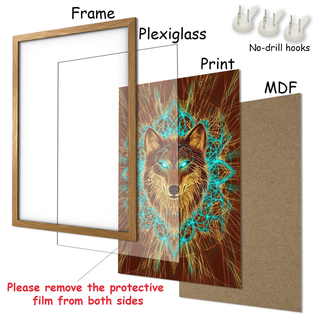 Framed Poster featuring a wolf with a teal and gold energy design. A beautiful piece of art for your home decor.