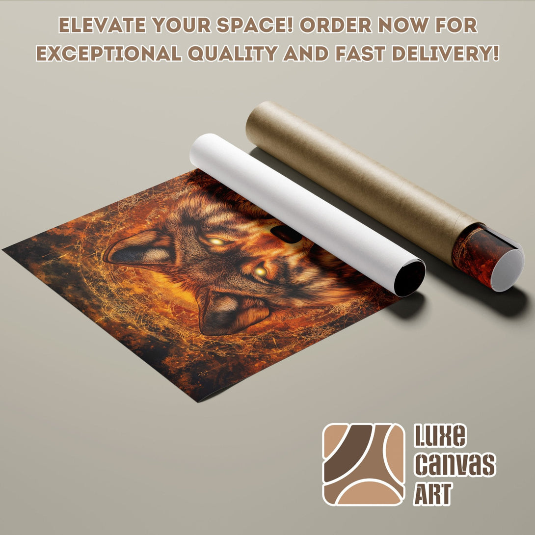 Poster Roll featuring a majestic wolf art print in warm orange and brown tones. Elevate your space with this stunning artwork.