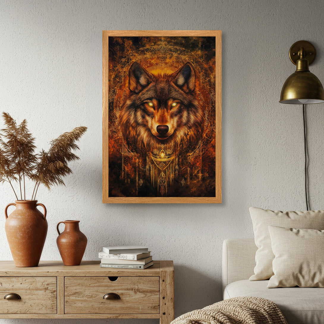 Framed Poster featuring a majestic wolf in a mystical, detailed style with warm orange and brown tones. Perfect wall art for any space.