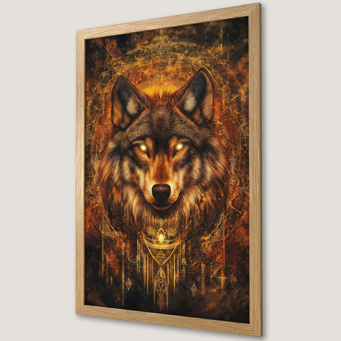 Framed Poster featuring a mystical wolf illustration in warm orange and gold tones. Perfect wall art for your home!