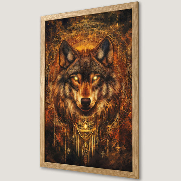 Framed Poster featuring a mystical wolf illustration in warm orange and gold tones. Perfect wall art for your home!