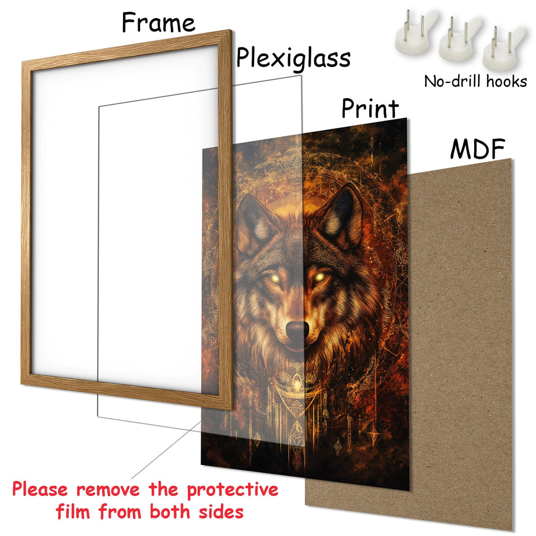 Framed Poster featuring a majestic wolf in warm, earthy tones. Perfect wall art for your home.
