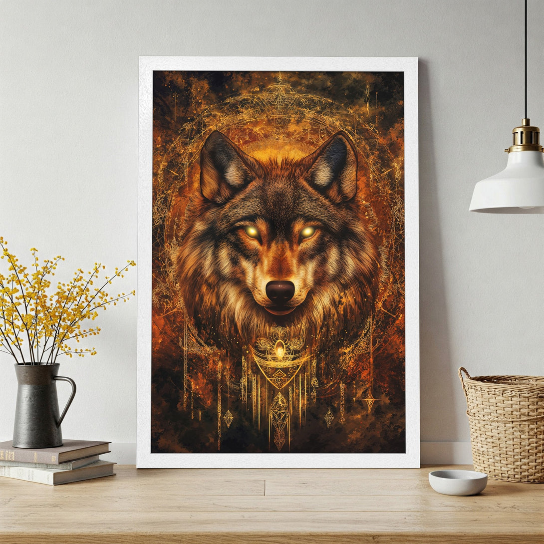 Framed Poster featuring a majestic wolf with glowing eyes, in a mystical, gold and brown color palette. Perfect wall art!