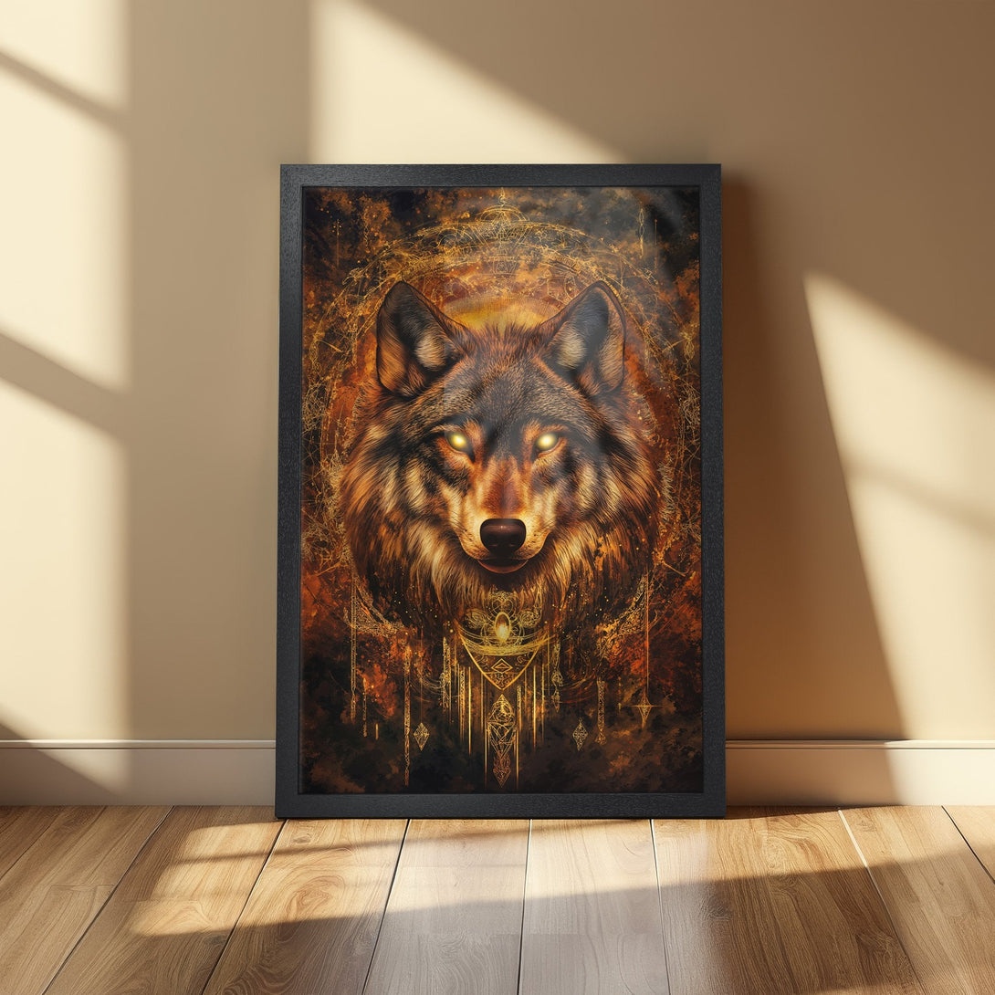 Framed Poster featuring a majestic wolf artwork in a mystical style with warm orange and brown tones. Perfect wall art for your home!