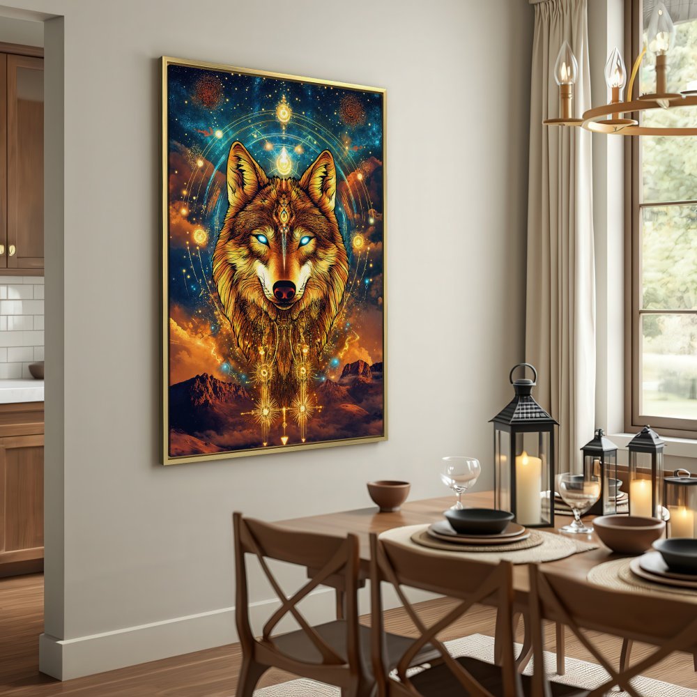 Canvas Print: Majestic wolf art in warm gold and blue tones. Perfect for adding a touch of mystical style to your home decor.