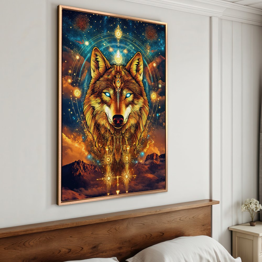 Framed Wall Art: Majestic wolf art print in vibrant gold, blue, and orange hues. Perfect statement piece for your home decor.