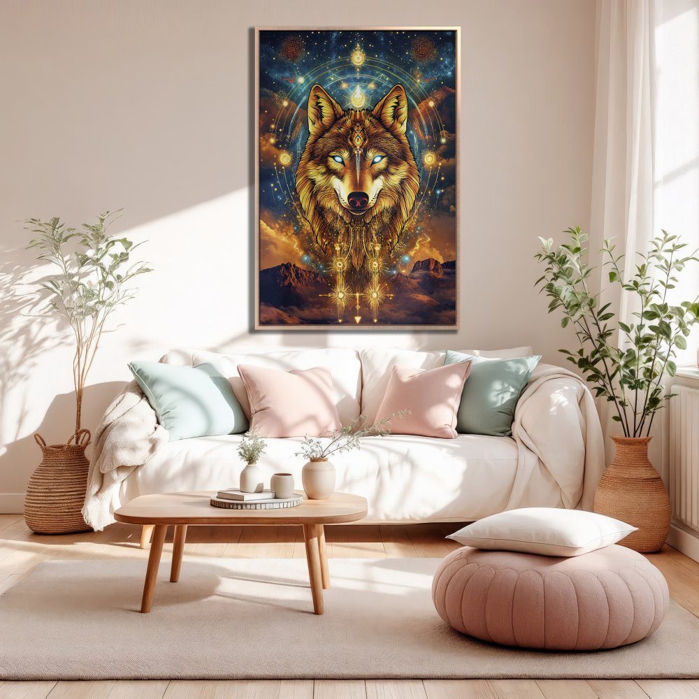Framed Wall Art: Majestic wolf canvas print in a mystical style with a warm, earthy color palette. Perfect for adding a touch of magic to your home decor.