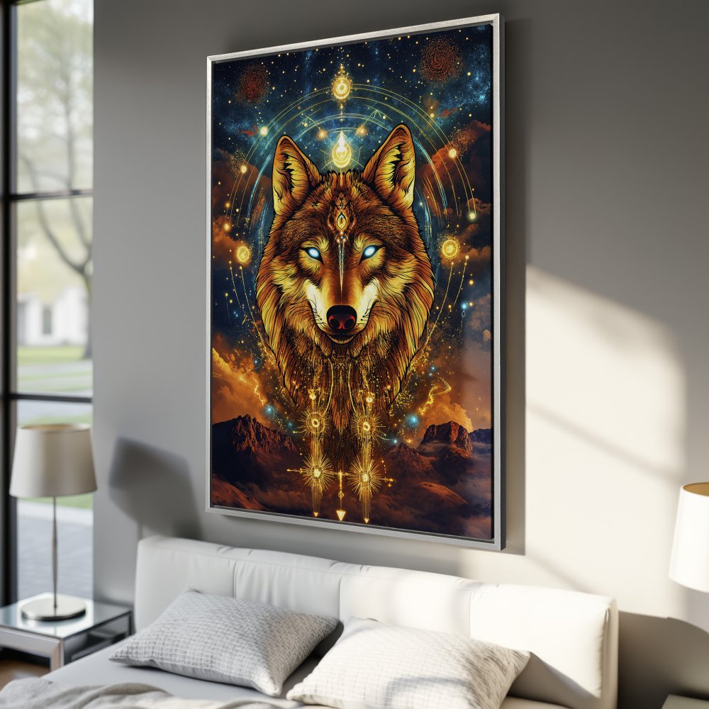 Framed Wall Art: Mystical wolf portrait in vibrant gold, blue, and orange hues. Perfect for adding a touch of magic to your space!