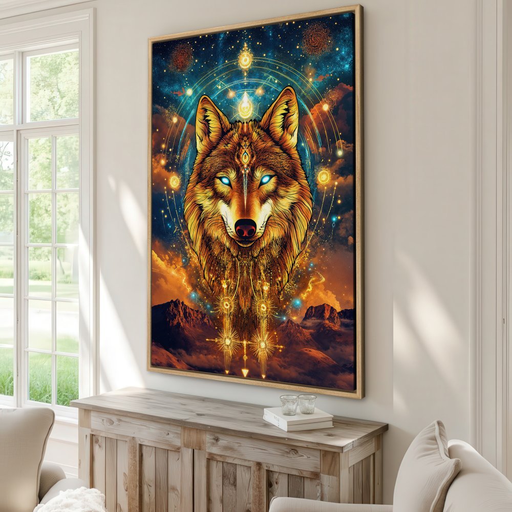 Framed Wall Art: Majestic wolf portrait in vibrant blues, oranges, and golds. Mystical, detailed artwork perfect for adding a touch of magic to your space.