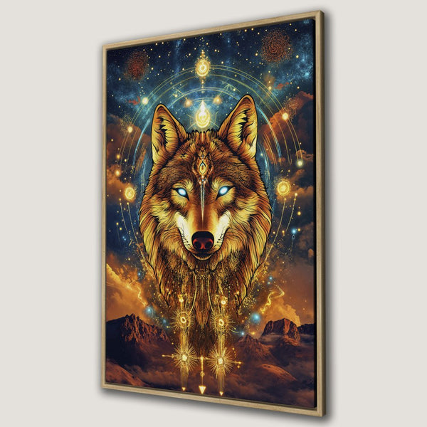 Framed Wall Art: Majestic wolf portrait in cosmic style, warm gold and blue color palette. Elevate your space with this stunning canvas print.