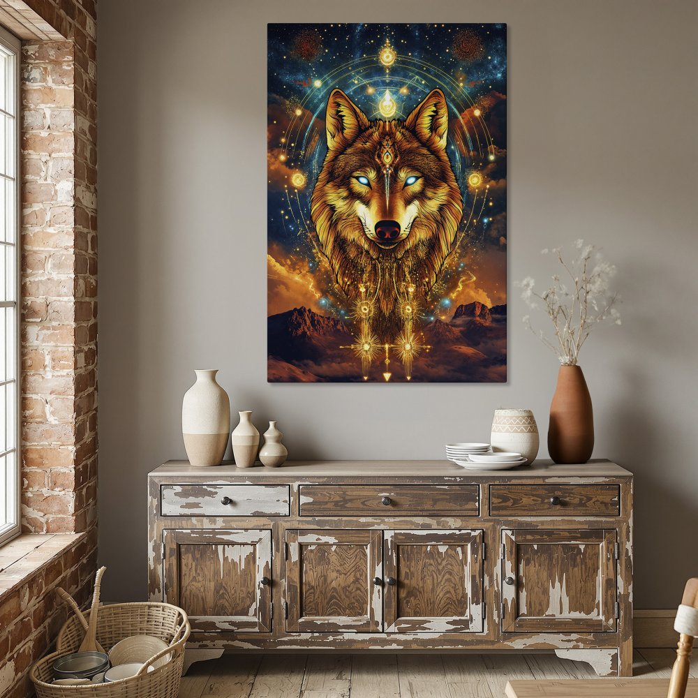 Framed Wall Art: Majestic wolf portrait in vibrant blues, oranges, and gold. Transform your space with this stunning canvas print!