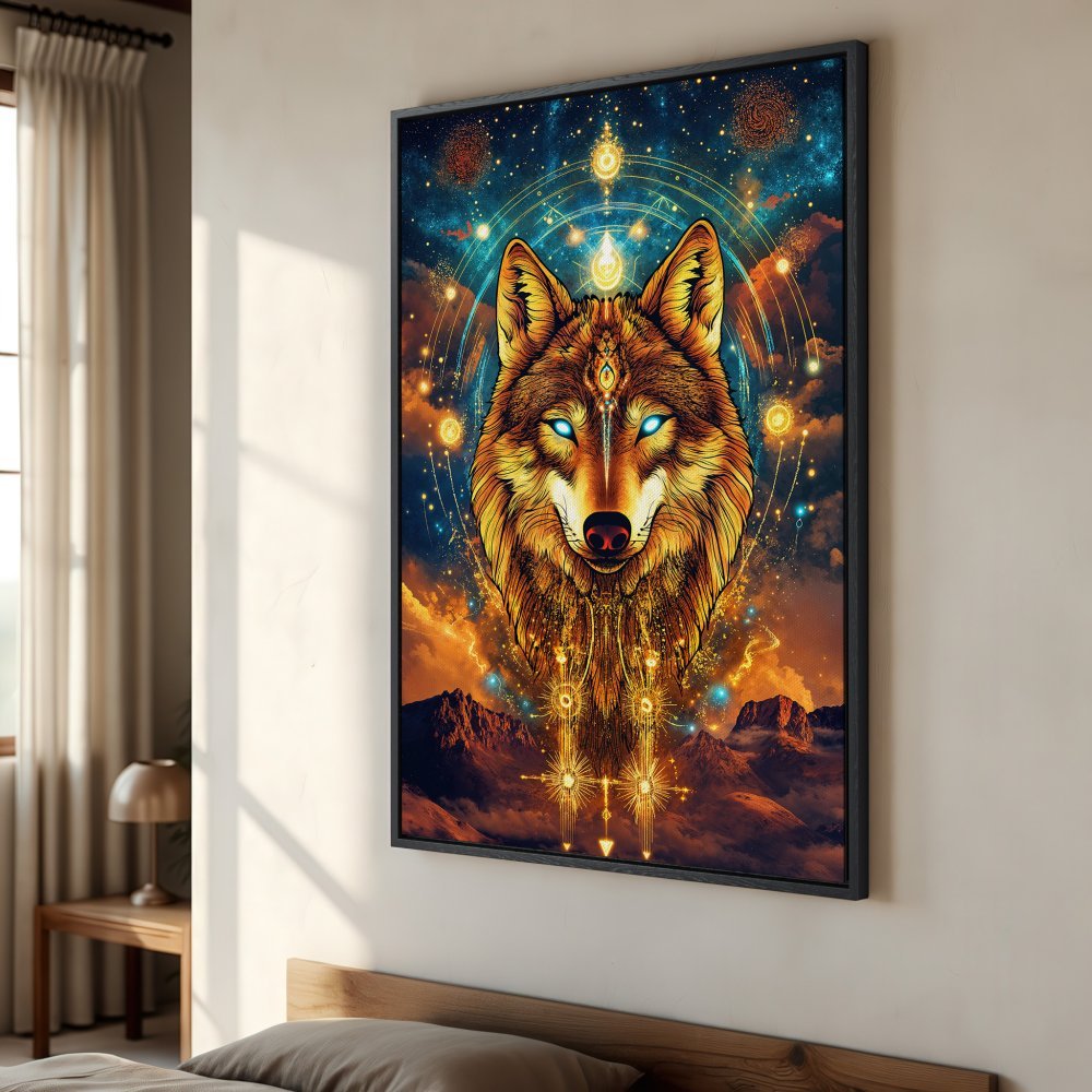 Framed Wall Art: Majestic wolf art print in vibrant orange, blue, and gold. Mystical style canvas print perfect for bedroom decor.