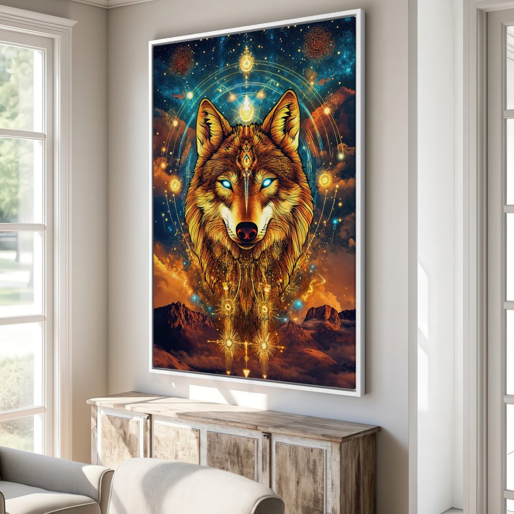 Framed Wall Art: Mystical wolf portrait in vibrant gold, blue, and orange hues. Add a touch of magic to your home with this stunning Canvas Print!