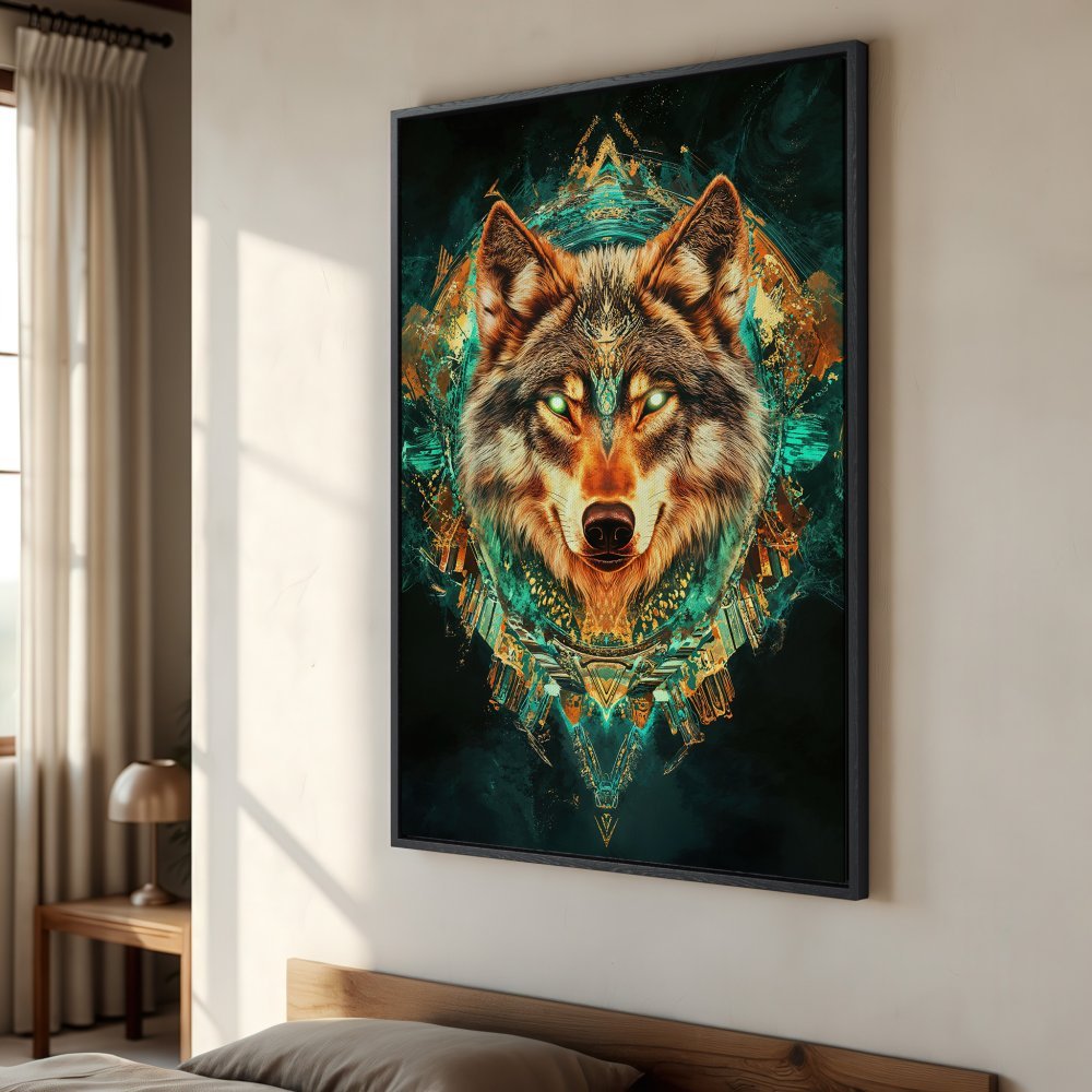 Framed Wall Art: Majestic wolf portrait in vibrant teal, gold, and orange hues. Modern, geometric style canvas print for unique home decor.