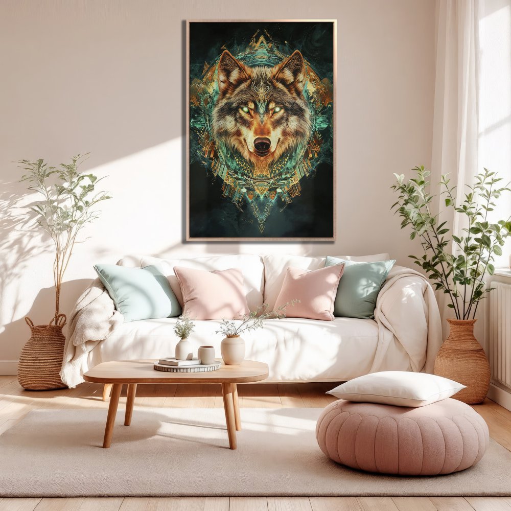 Framed Wall Art: Majestic wolf portrait in teal and gold, perfect for modern home decor. Canvas Print adds a touch of wild beauty.