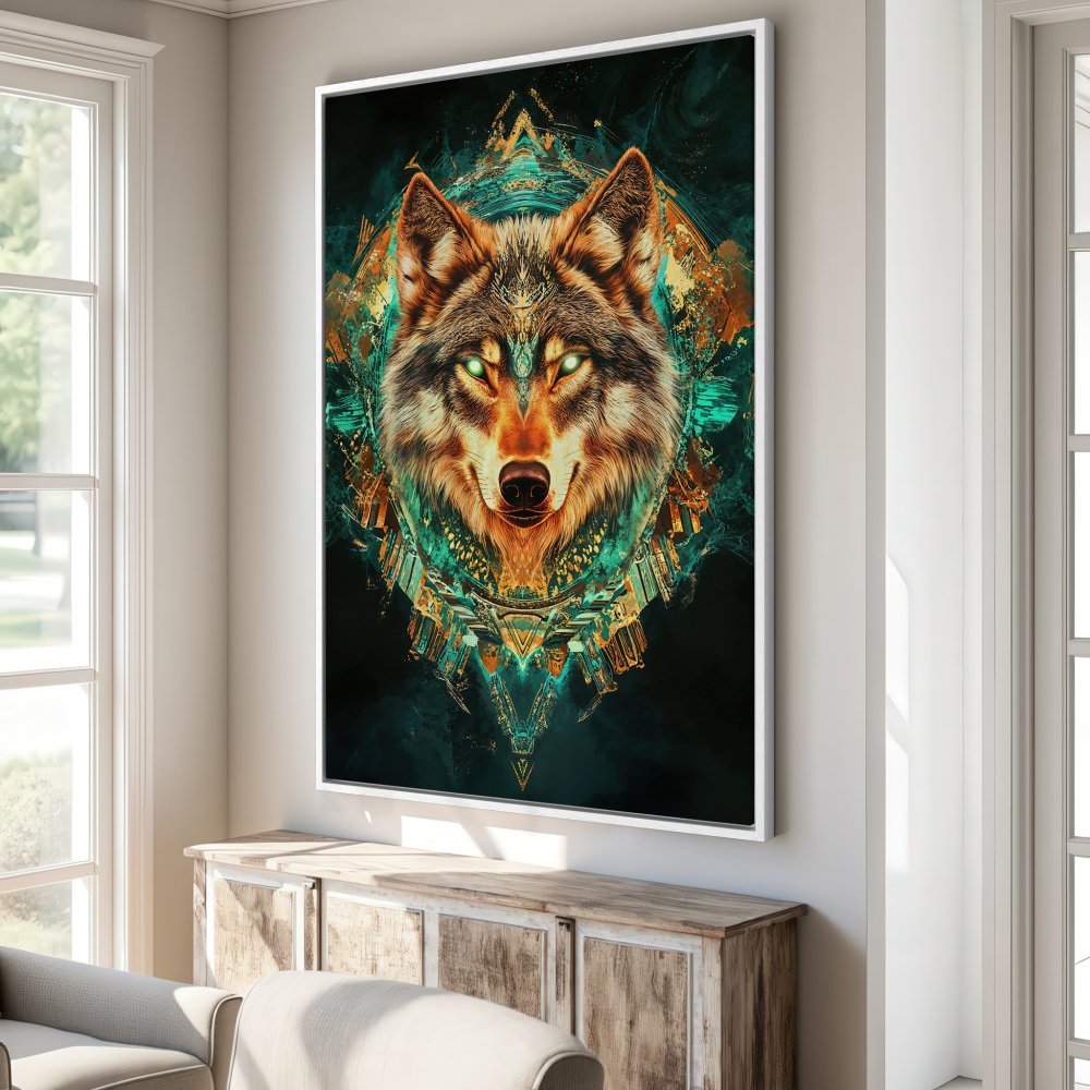 Framed Wall Art: Stunning wolf portrait in a geometric, abstract style. Features a vibrant teal, orange, and black color palette. Perfect statement piece!