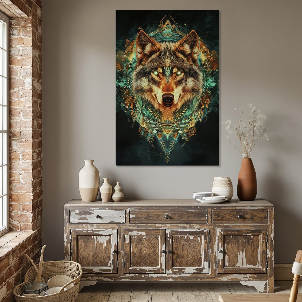 Framed Wall Art featuring a majestic wolf in a vibrant teal, orange, and gold color palette. Perfect for adding a touch of wild beauty to your home!