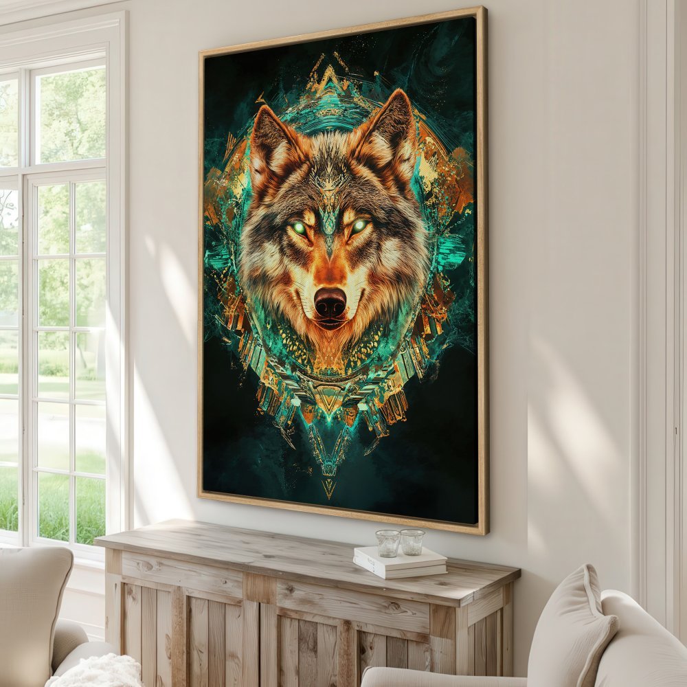 Framed Wall Art: Majestic wolf portrait in a geometric, abstract style. Featuring a vibrant teal, gold, and black color palette. Perfect for modern decor.