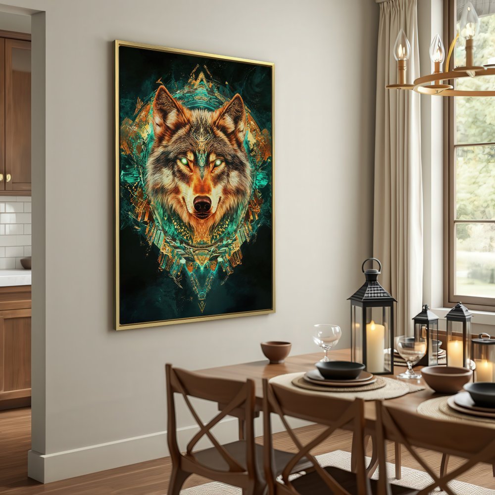 Canvas Print featuring a majestic wolf head in a geometric, artistic style. Earthy tones with teal and gold accents. Perfect wall art!