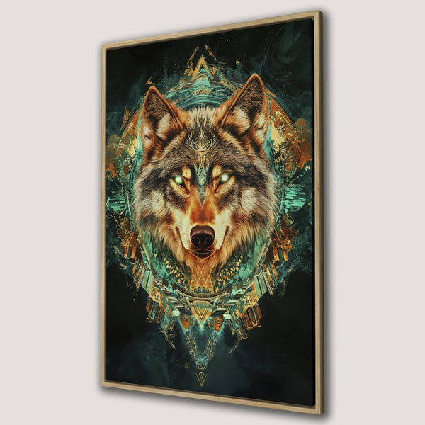 Framed Wall Art: Majestic wolf art print in teal, gold, and brown. Transform your space with this stunning, detailed canvas print. Shop now!