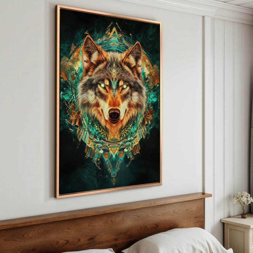 Framed Wall Art: Majestic wolf portrait in teal, orange, and gold. Modern, geometric style Canvas Print for a bold statement.