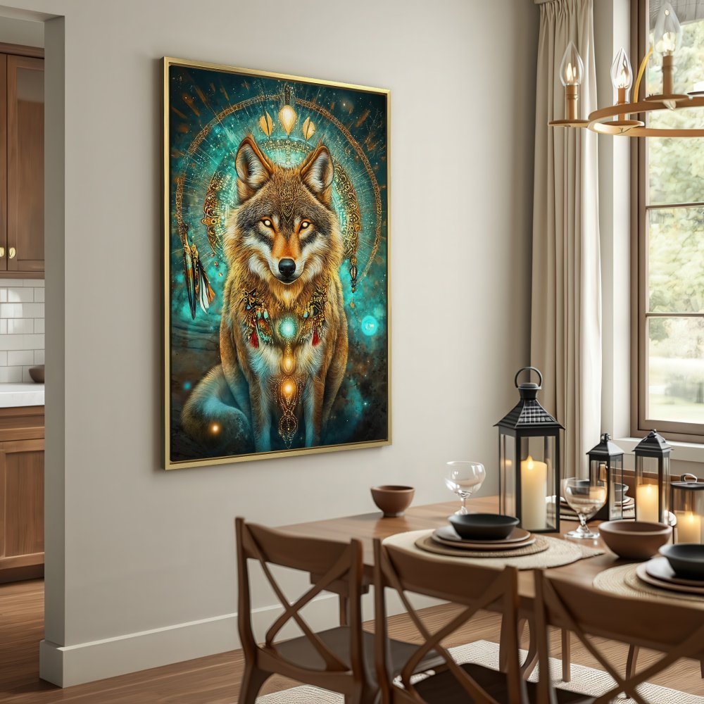 Canvas Print featuring a majestic wolf in a spiritual style, with a teal and gold color palette. Perfect wall art for your home!