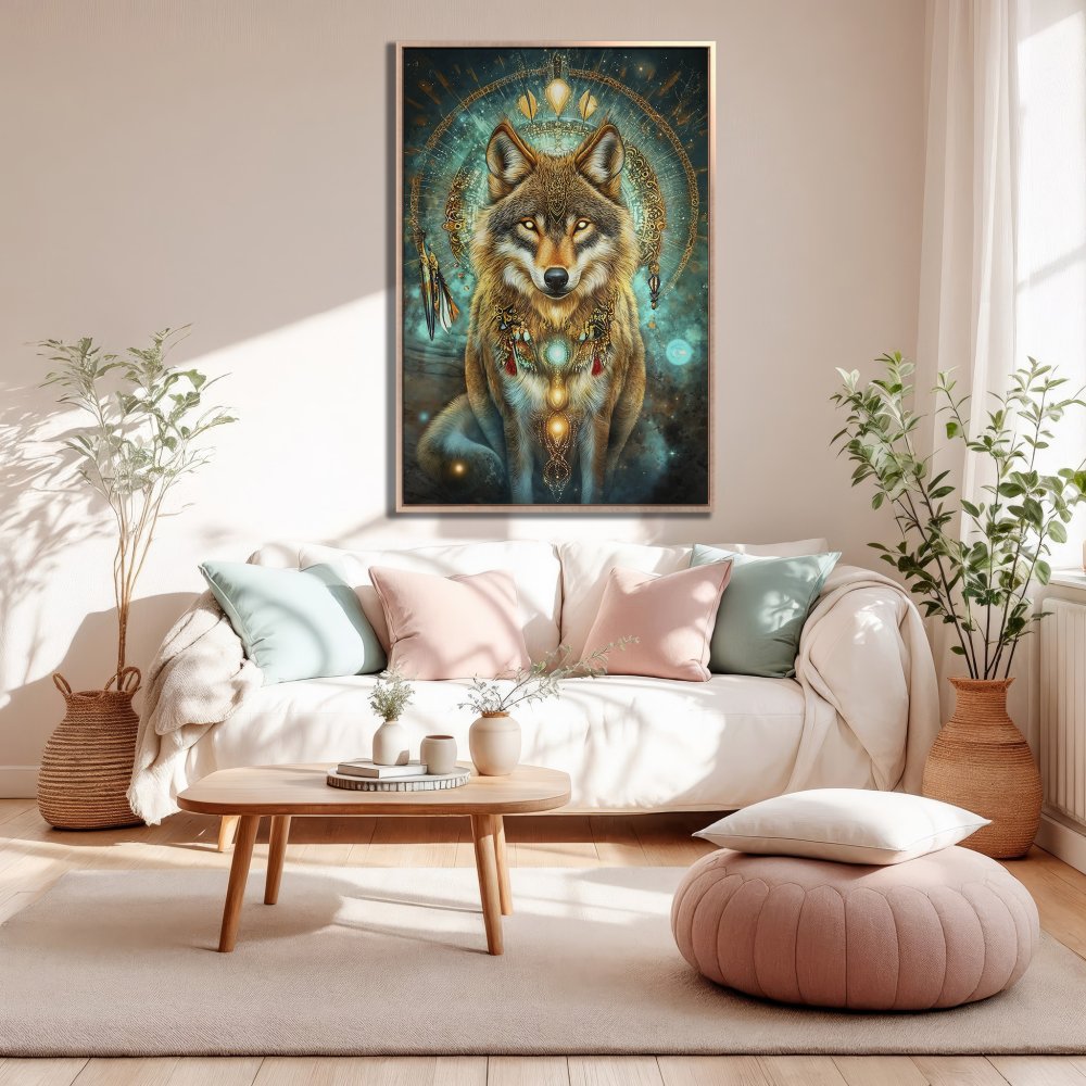 Framed Wall Art: Mystical wolf canvas print in teal & gold, adding a touch of boho chic to your living room. Shop now for unique wall decor!