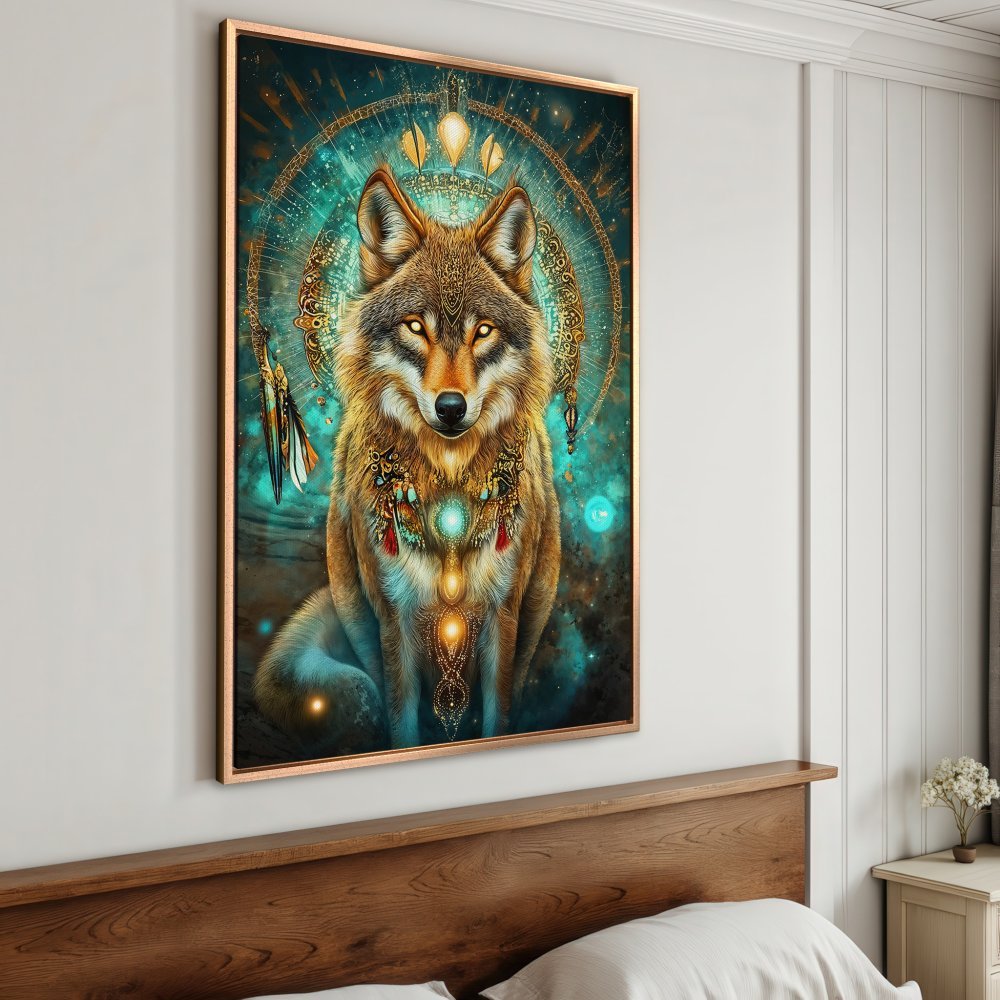 Framed Wall Art: Majestic wolf portrait in teal and gold. Spiritual, bohemian style Canvas Print for your home decor.