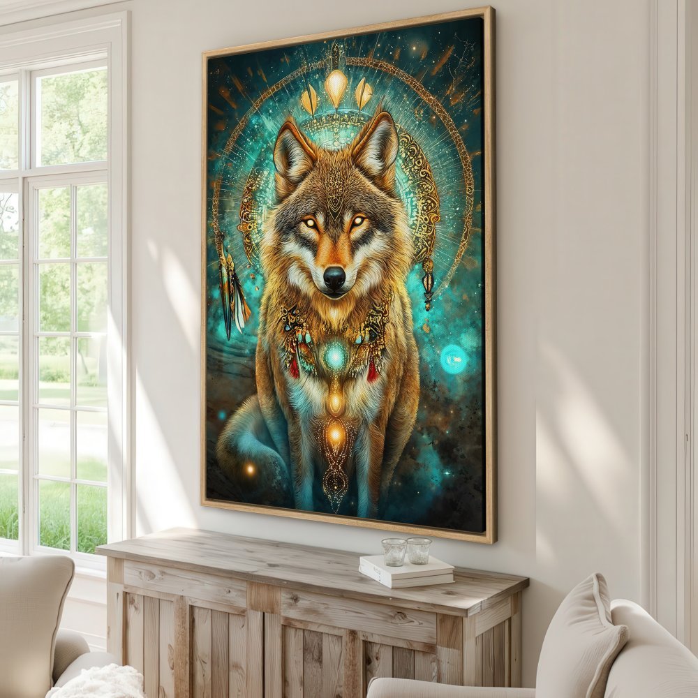 Framed Wall Art featuring a mystical wolf in teal and gold. Transform your space with this stunning, spiritual Canvas Print!