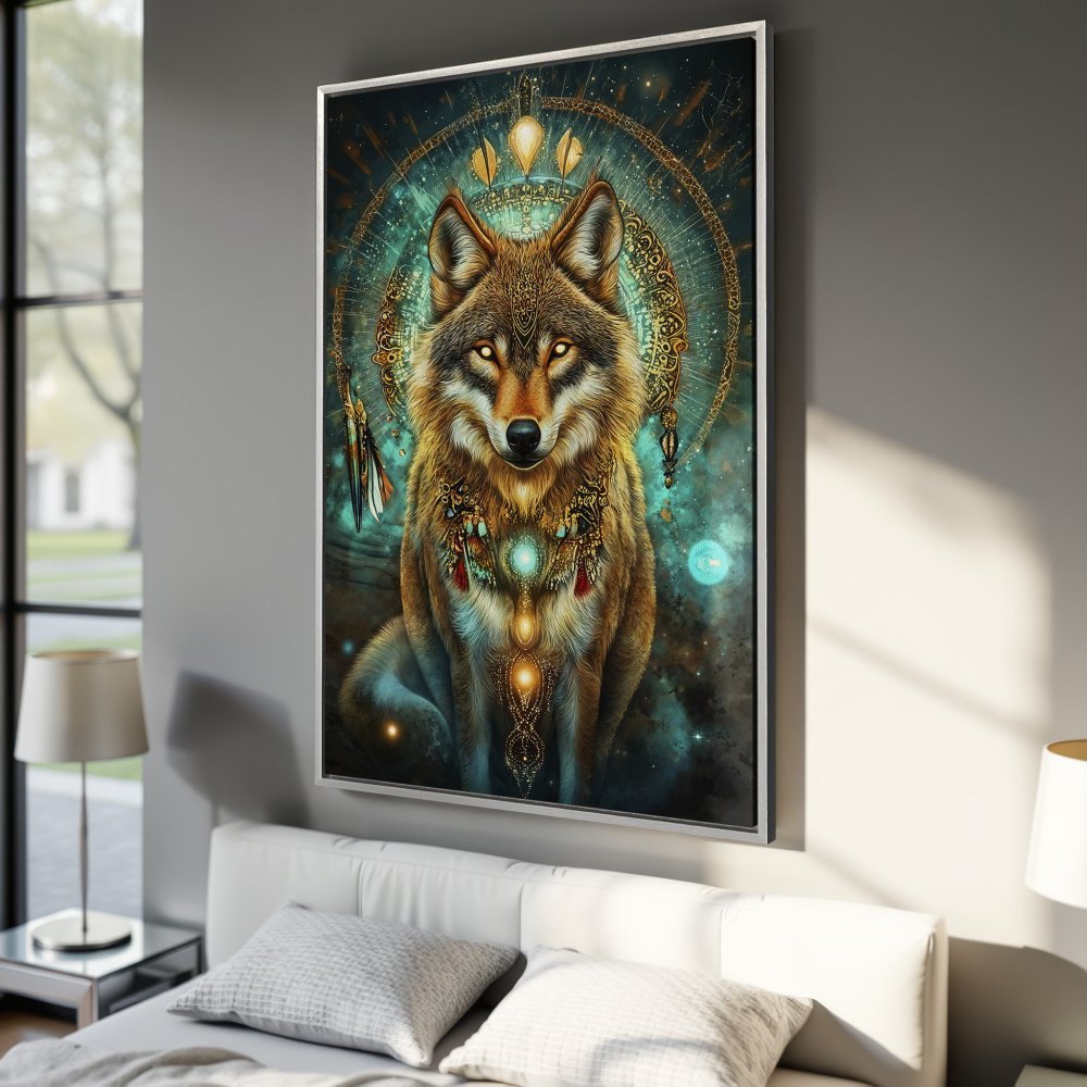 Framed Wall Art: Mystical wolf portrait in teal and gold. Stunning Canvas Print, perfect for adding a touch of boho and nature to your home decor.