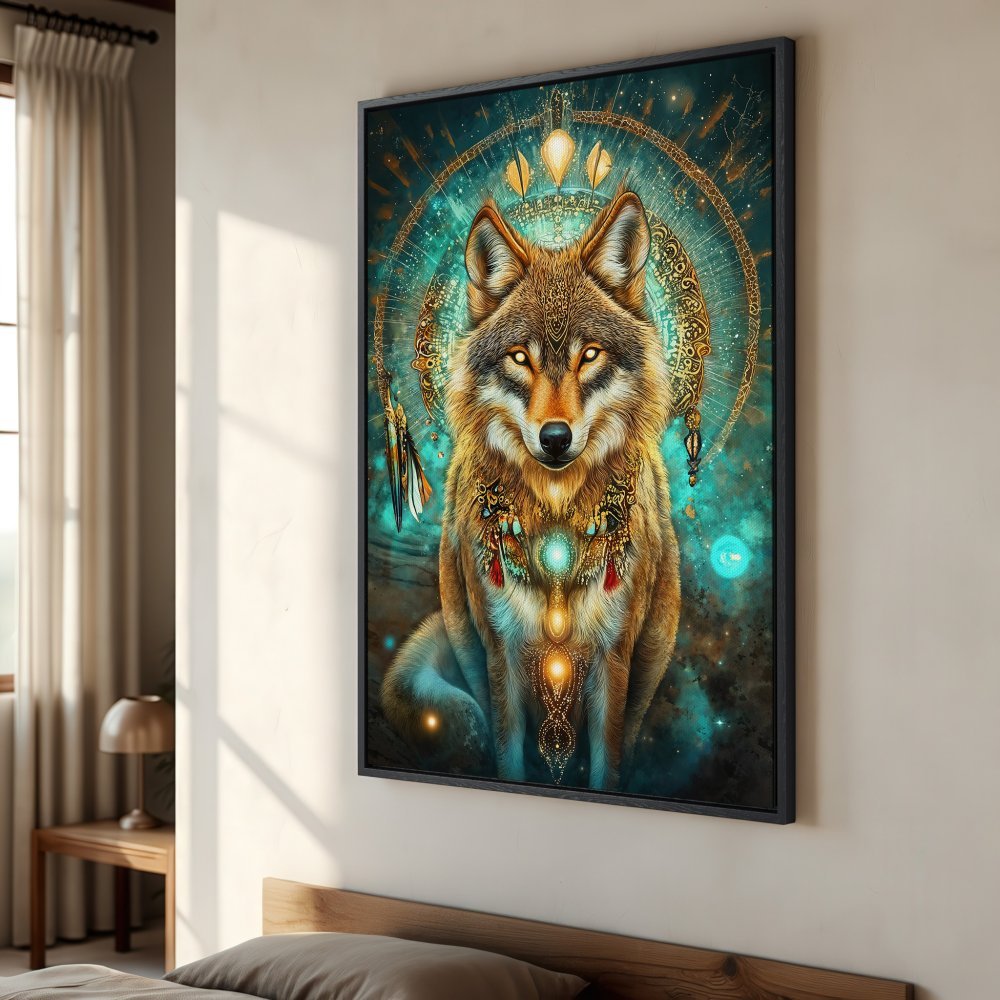 Framed Wall Art: Majestic wolf art print with a mystical, bohemian style. Features a warm, earthy palette with teal accents, perfect for home decor.