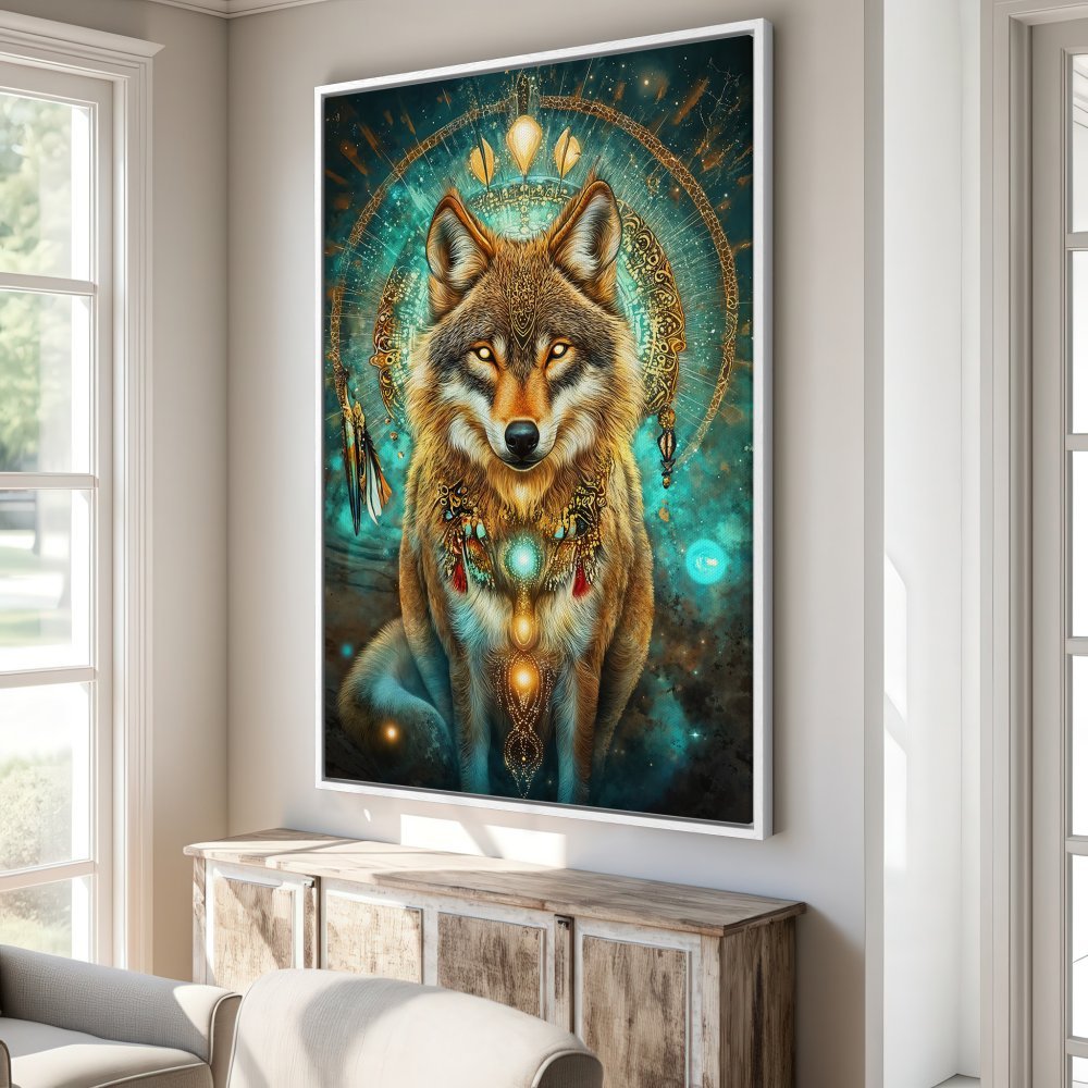 Framed Wall Art: Majestic wolf portrait in teal and gold. Mystical, boho style Canvas Print adds a touch of magic to any room.