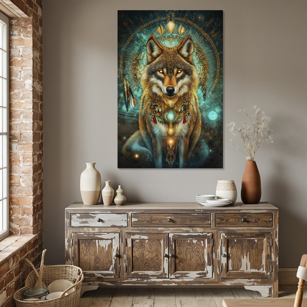 Framed Wall Art: Mystical wolf canvas print in teal & gold. Stunning animal art for home decor. Shop now!