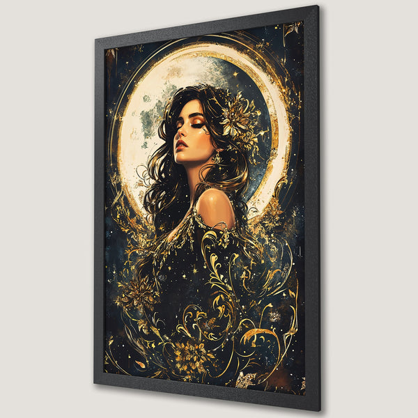 Framed Poster featuring a woman with gold floral accents, dark blue and gold color palette, artistic style. Perfect wall art.