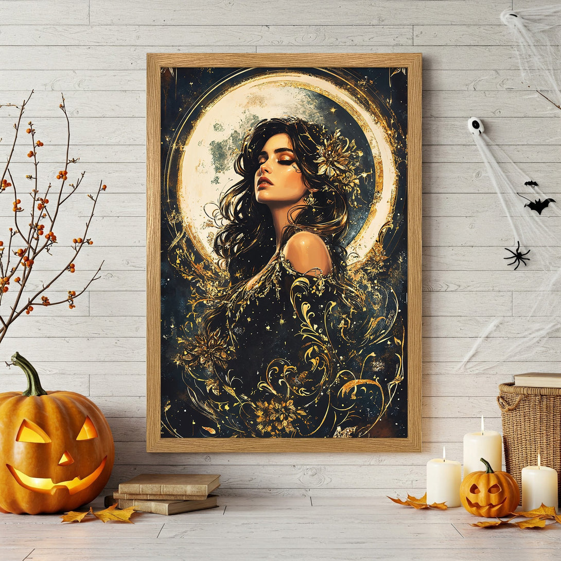 Framed Poster featuring a woman with a moon backdrop, in a dark, gold, and blue color palette. Perfect for Halloween decor!