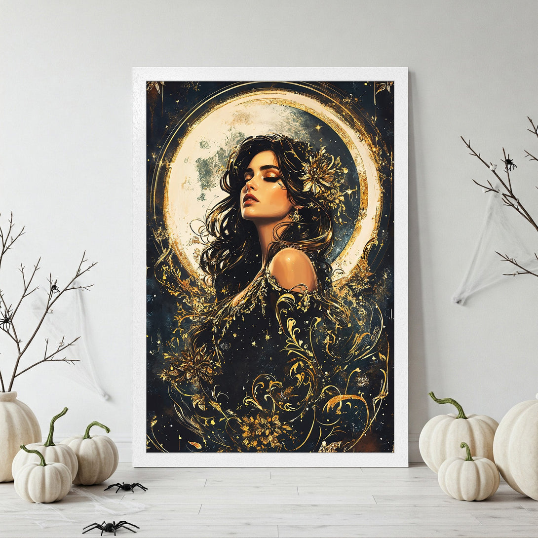 Framed Poster featuring a woman with gold accents, dark & gold color palette, perfect for home decor. Add this art print to your space!