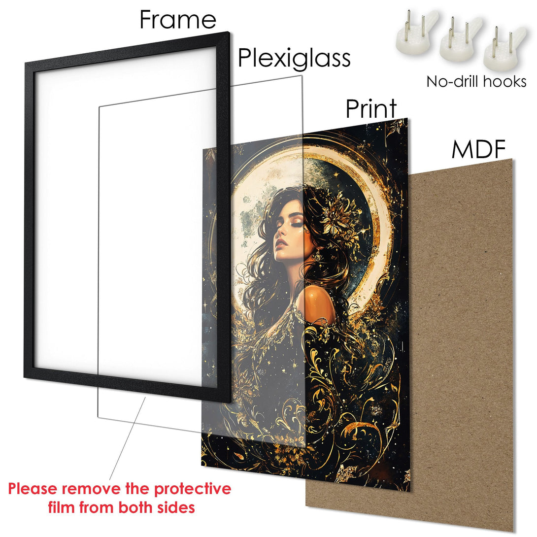 Framed Poster featuring a woman in a celestial style, with a black and gold color palette. Perfect wall art for your home!
