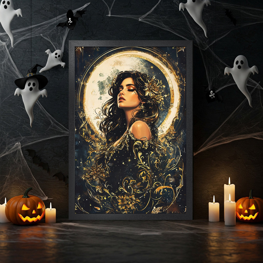 Framed Poster featuring a woman with gold accents, dark, mystical style, and a gold and black color palette. Perfect Halloween decor.