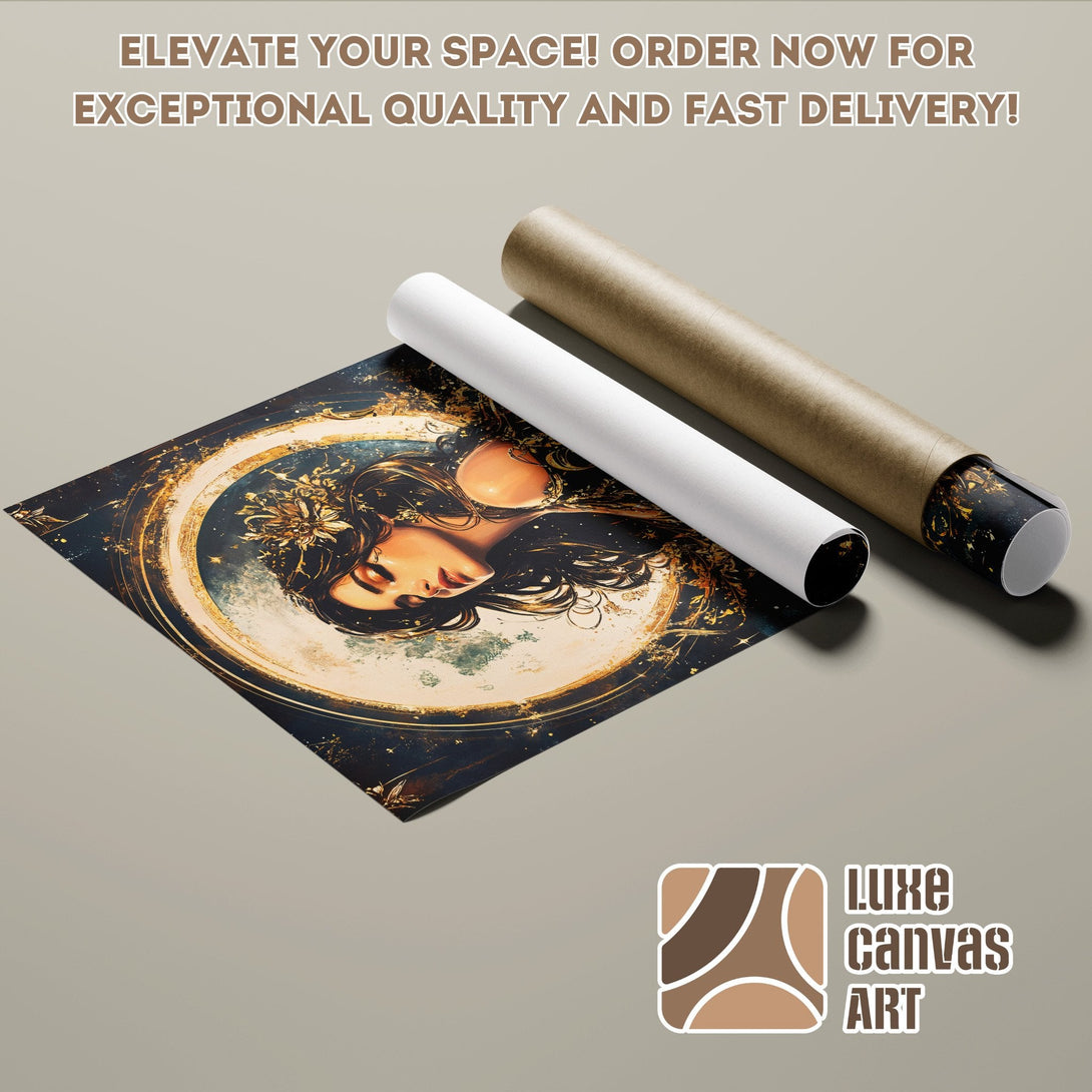 Poster Roll featuring a woman in a celestial style, with a dark blue and gold color palette. Order now!
