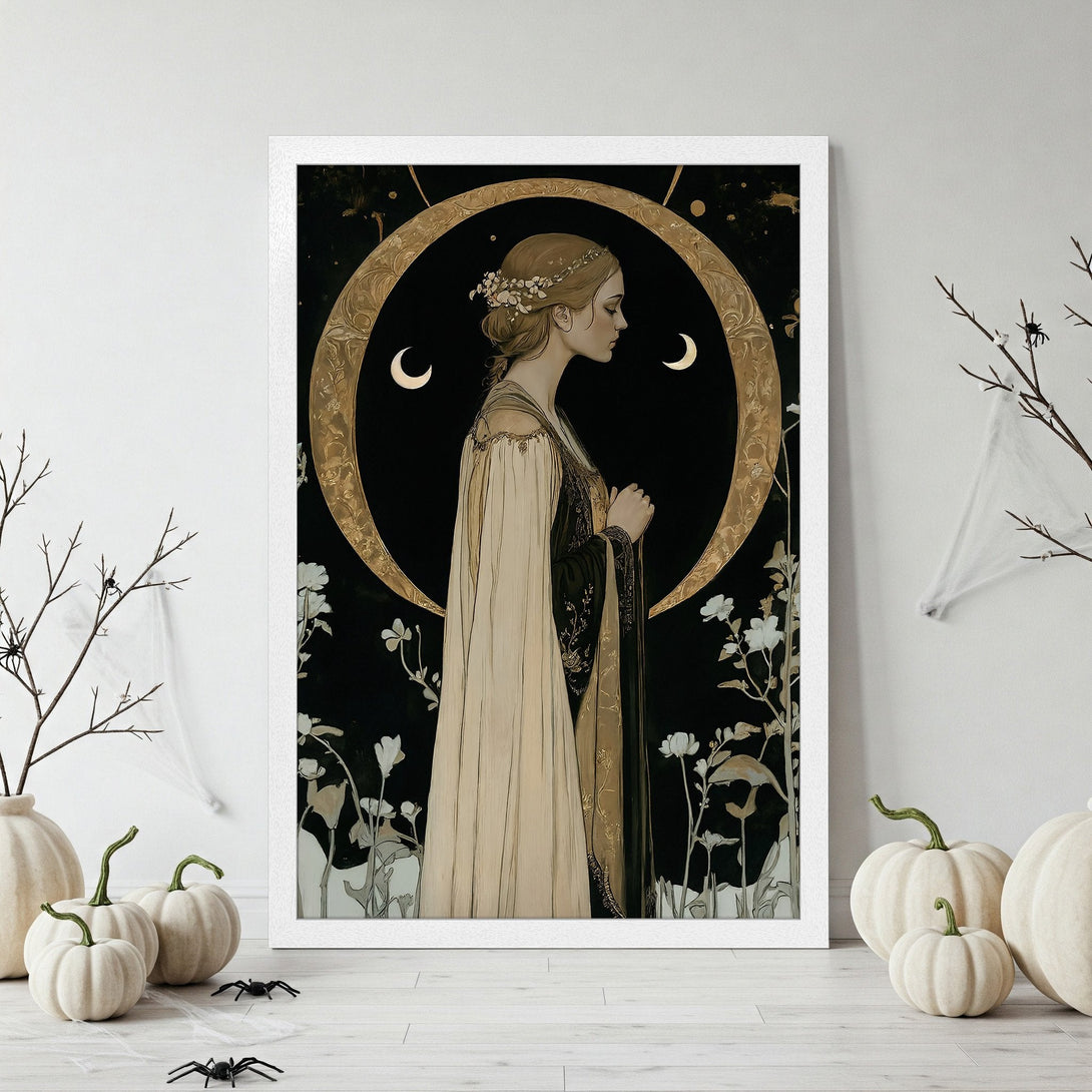 Framed Poster featuring a woman in a mystical, art nouveau style. Black, gold, and cream color palette. Perfect wall art for a touch of elegance.