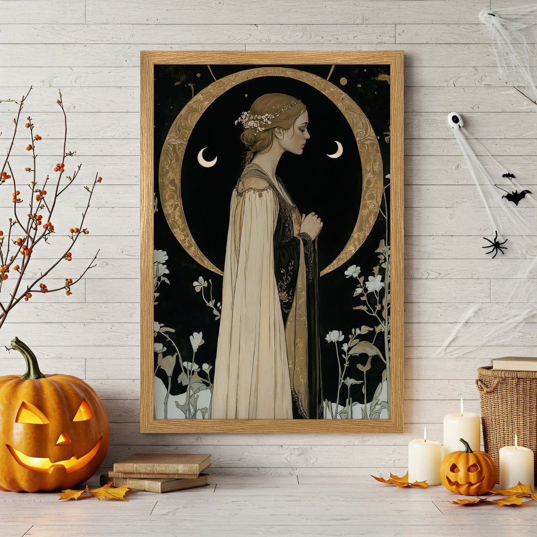 Framed Poster of a woman in art nouveau style, with a dark, gold, and cream color palette. Perfect for Halloween decor!