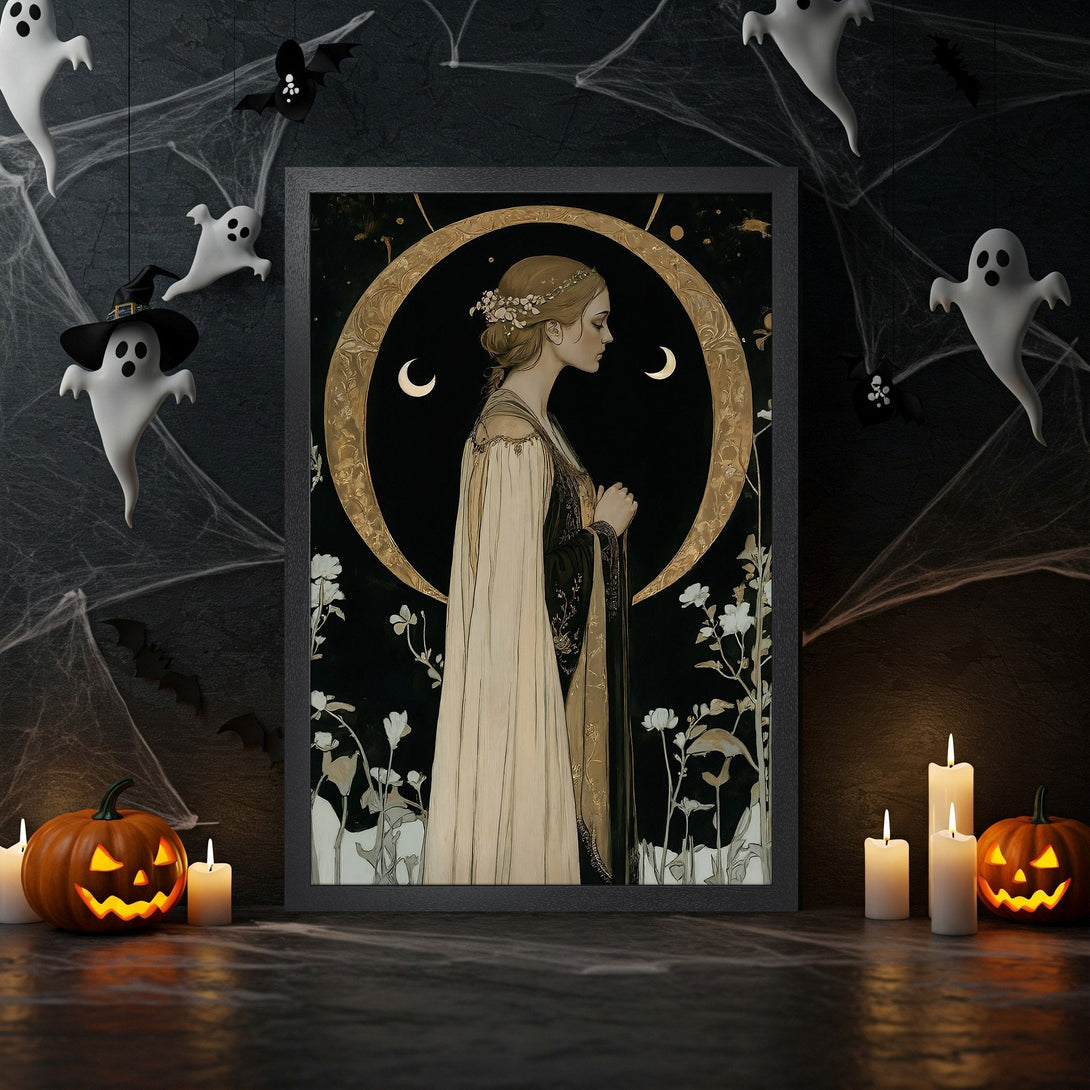 Framed Poster featuring a gothic portrait with a gold and black color palette, perfect for Halloween decor.