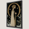 Mystical Woman Art Poster with Crescent Moon and Floral Accents